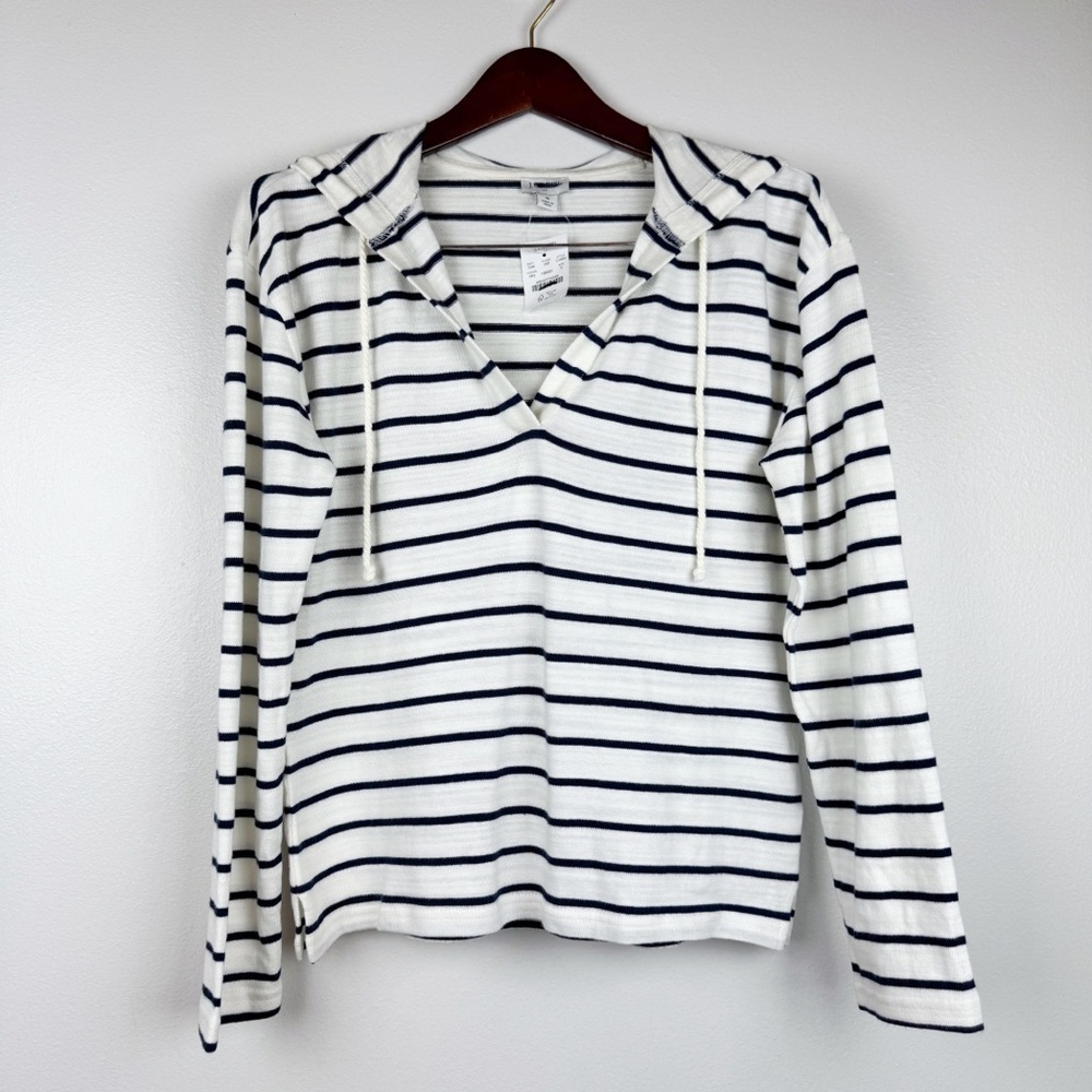 J. Crew Striped V-Neck Loose Fit Cotton Hoodie White Navy Size S NWT